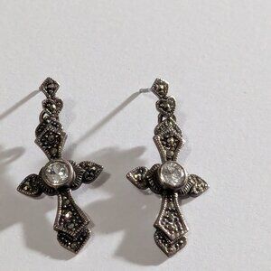 Victorian Cross Earrings pierced post Sterling 1ct Cubic Zirconia 6mm Sparkly